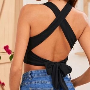 SHEIN | Crisscross Tie Back Crop Top Black Size S